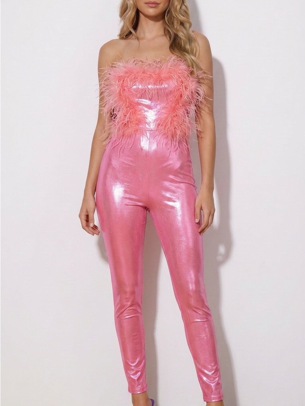 Pink Metallic Feather Strapless Jumpsuit – Size Small/Medium